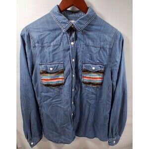 Ranch Royalty Distressed Denim Pearl Snap Shirt Southwest Flair Cowgirl Vintage